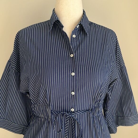 Zara Blue & White Striped Button Down Shirt Dress Side Pockets EUC Size S - Picture 4 of 12